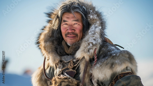 Inuit hunter in traditional clothing, ice fishing, stark Arctic landscape, resilience, survival