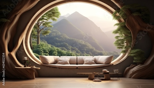 3D render of a cozy welcoming room that combines nature and futuristic style with a wood round window, bringing the Vast fantasy landscape of the ethereal outside light inside, nature to the best