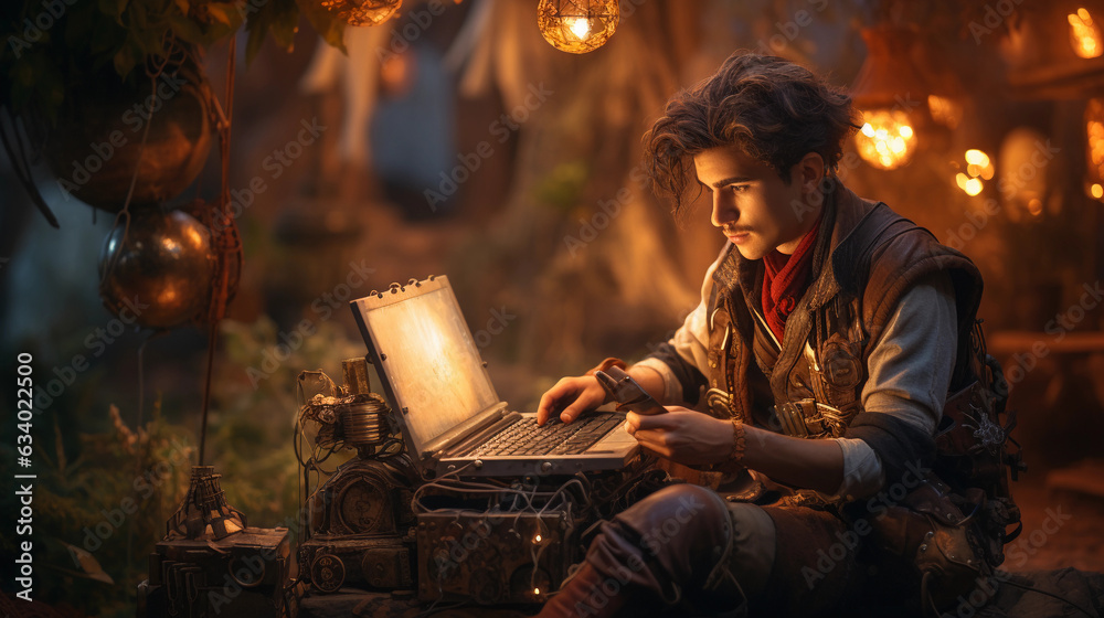 Rustic Techpunk Steampunk - inspired depiction of a digital nomad, gadgets integrated ...