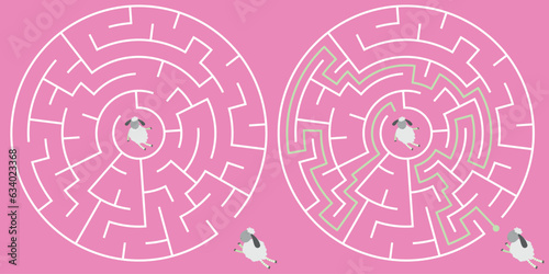 Vector circle maze isolated on pink background. Education logic game labyrinth for kids. With the solution.