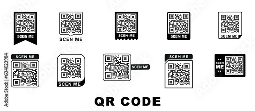 Qr code frame vector set. Scan me phone tag. Qr code mock-up, mockup. Barcode smartphone id icon. Cellphone QR code banner. Mobile payment and identity on white background.