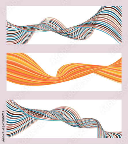 Wavy lines or ribbons. Set of 3 backgrounds. Multicolored striped gradient. Creative unusual background with abstract gradient wave lines to create a trendy banner, poster. vector eps