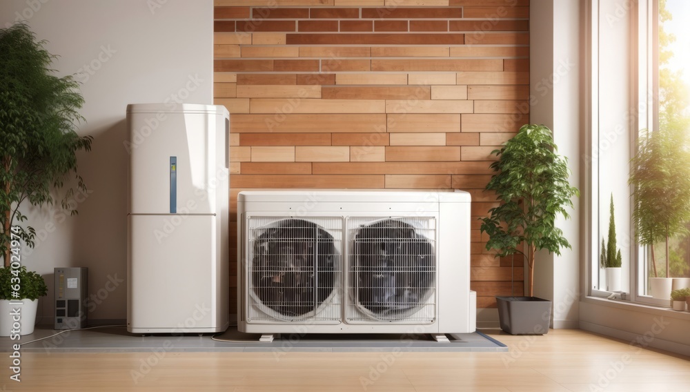 Air source heat pump installed in residential building. Sustainable and clean energy at home Air source heat pump installed in residential building. Sustainable and clean energy at home