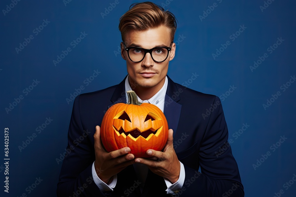 A man in a suit holding a pumpkin
