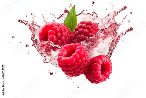 Raspberries in Raspberry juice splash isolated on a white and transparent background