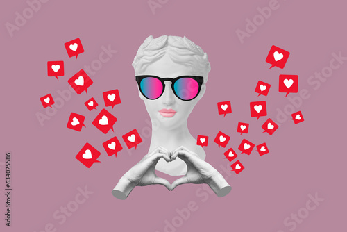 Young woman headed by antique statue in sunglasses shows heart shape with hands and media like symbols on pink color background. 3d trendy collage in magazine style. Contemporary art. Modern design