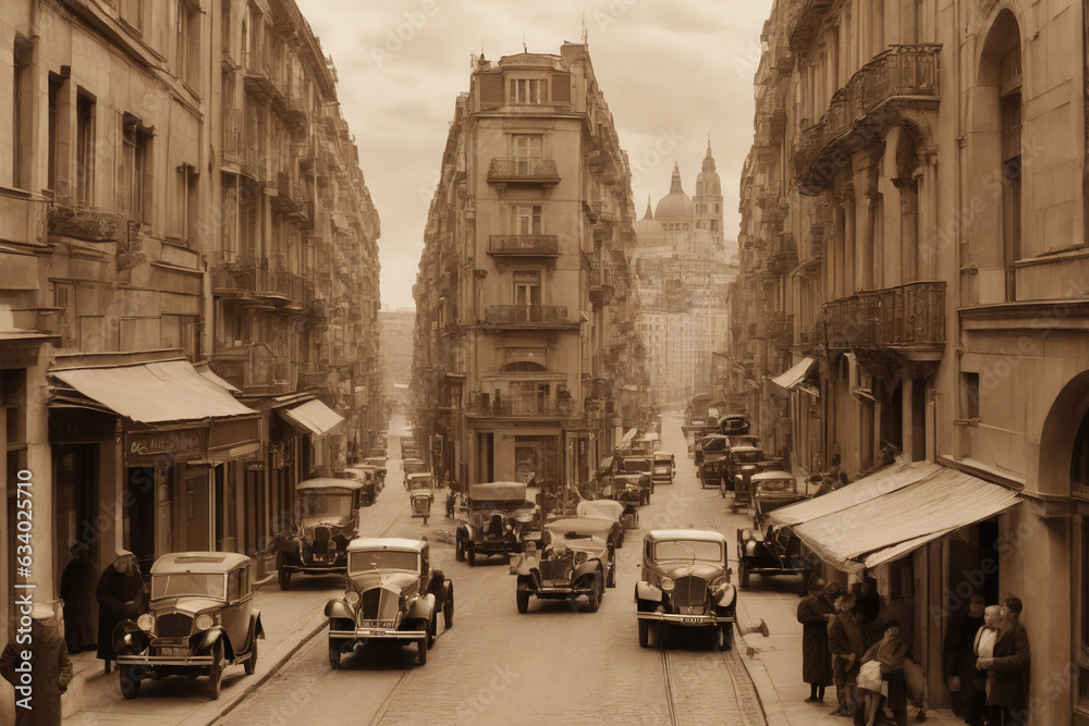 Sepia Toned Photograph of a Busy Street in an Old European City
