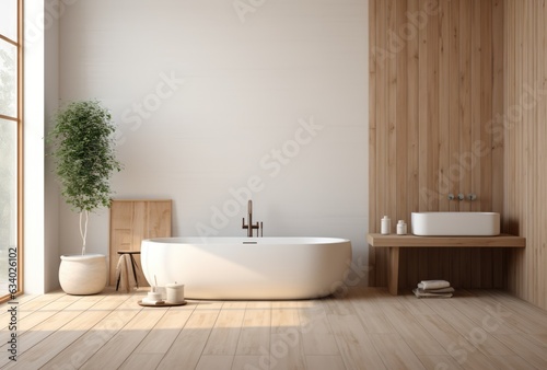 White bathroom interior with bathtub and plant  room with white bathtub