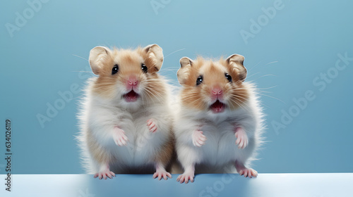 hamsters on blue pastel background, full body, close up.