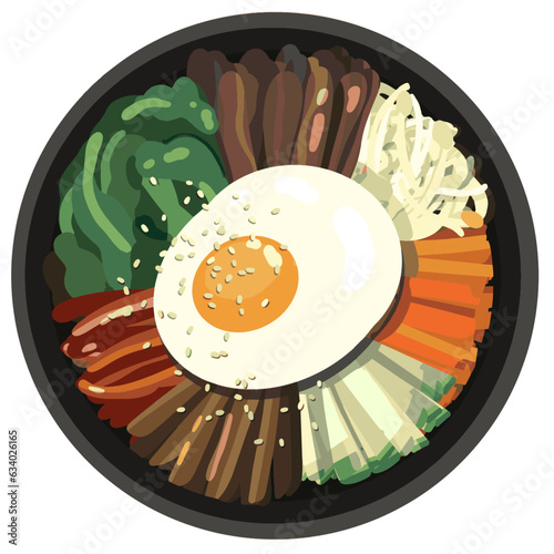 BIBIMBAP , KOREAN MIXED RICE WITH MEAT AND ASSORTED VEGETABLES illustration