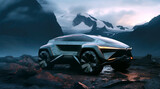 A futuristic concept of off road vehicle or SUV (sport utility vehicle) in dark blue and green colors in mountains. Generative AI