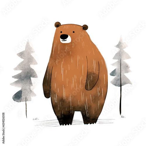 Cute bear in the autumn forest. Watercolor illustration. 