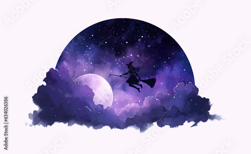 Happy halloween illustration background with witch on violet clouds background