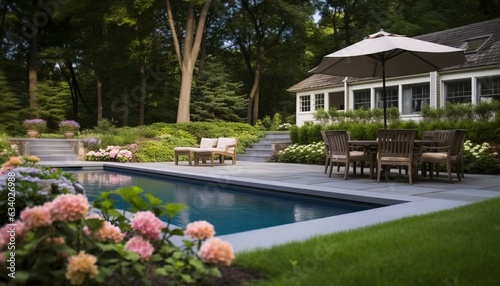 a backyard with a pool surrounded by flowers and lawn furniture