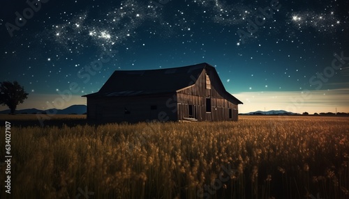 a barn in a field with a sky full of stars