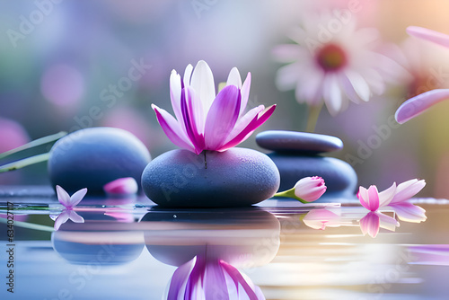 Lily and spa stones in zen garden. Stack of spa massage stones with pink flowers on defocused wellness background. Copy space. Ai generative.