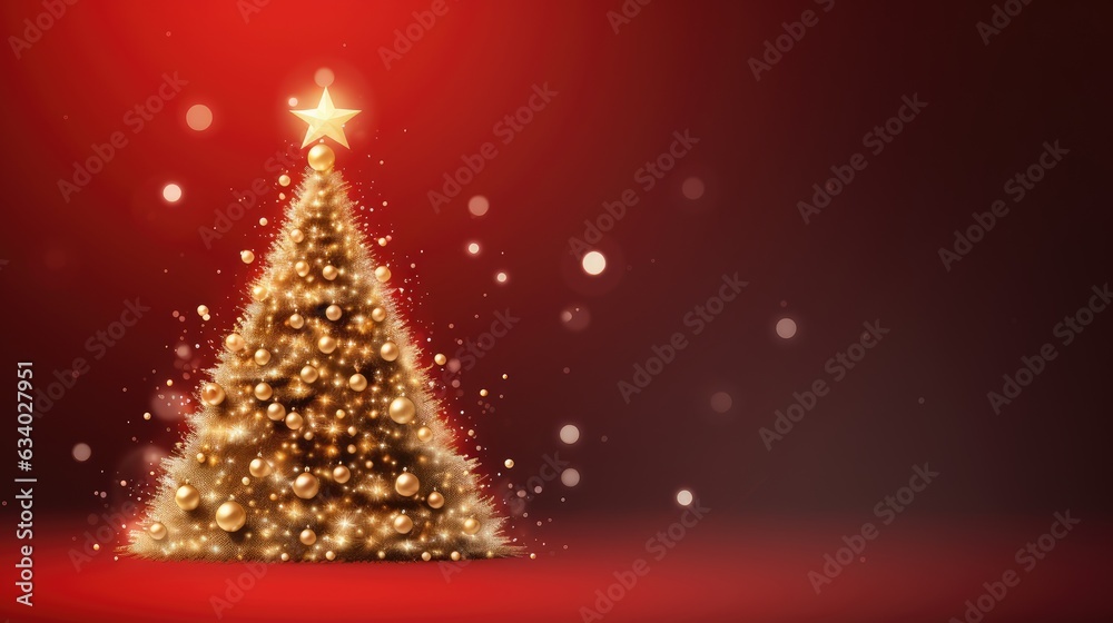Golden Christmas tree in night on dark red background