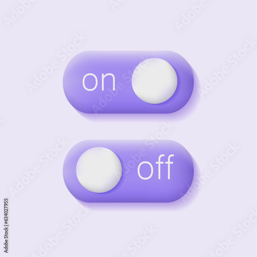 3d on and off toggle button. Purple slide bar icon. Unlock and lock. Software user interface. Modern vector illustration.