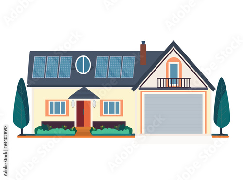 Beautiful house with garage and solar panel isolated on white, green energy, vector illustration