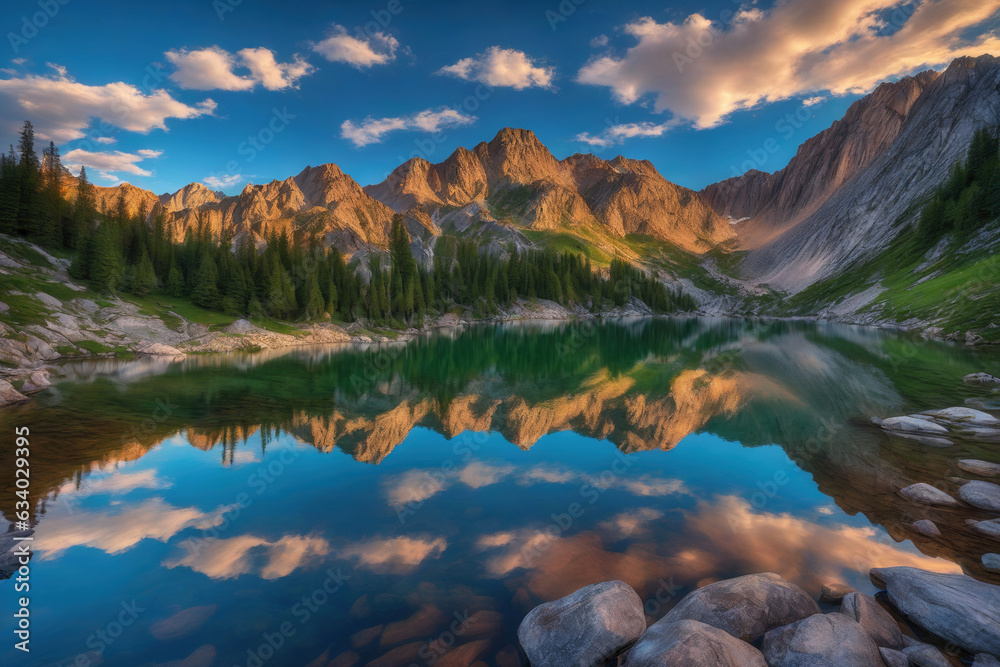 Sunrise over a mountain lake with reflections
