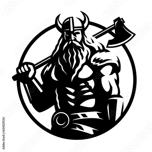 Viking warrior in a helmet and with an ax. Vector illustration.