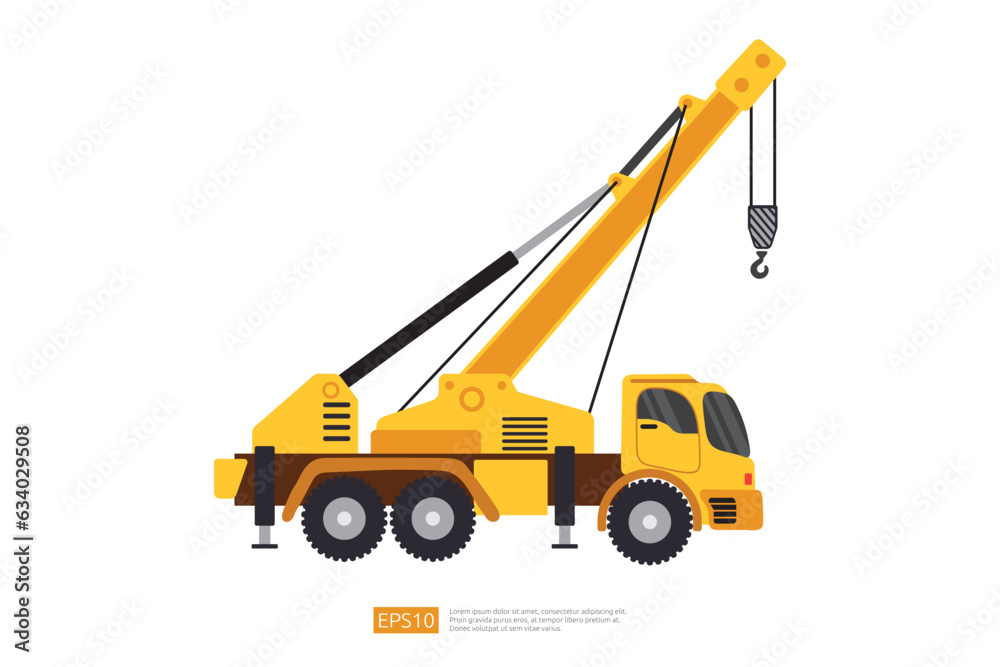 yellow crane truck illustration on white background. Isolated construction vehicle car. heavy equipment commercial transportation vehicle flat vector