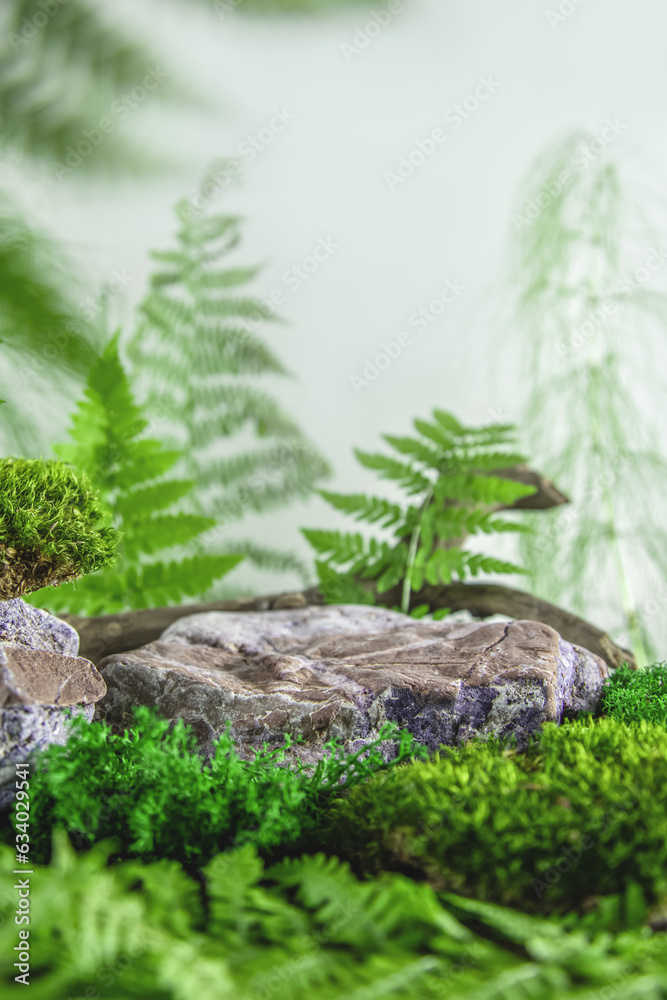 Natural rock podium with fern, stone and moss for product presentation. Natural rock podium with fern, stone and moss for product presentation.