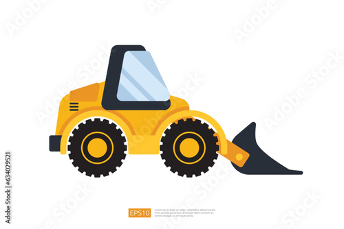 end loader vehicle flat cartoon. bulldozer quarry machine. stone wheel yellow digger. backhoe front loader truck. work tractor excavator. vector illustration.