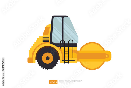 road roller heavy equipment. isolated road grader asphalt compactor. Flat style steamroller Isolated on white clean background. Vector illustration