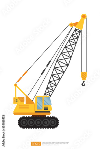 side view yellow Lifting crane vector illustration on white background. Isolated big heavy machinery equipment vehicle. Tower and harbor lifter flat cartoon construction and Industrial car icon