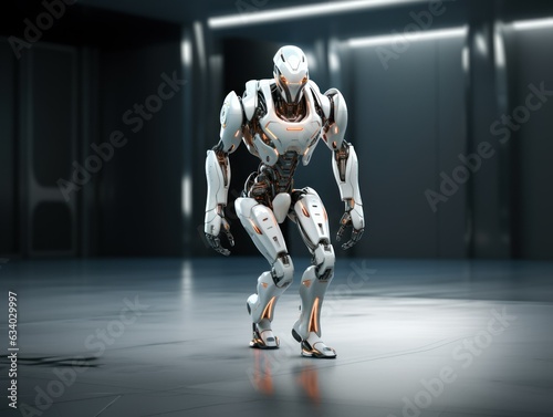 Futuristic Android Robot Cyborg in Armored Suit. Generative AI illustration.