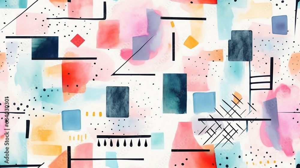 Fototapeta premium Seamless abstract modern pattern of geometric shapes and lines painted in watercolor. Generative AI.