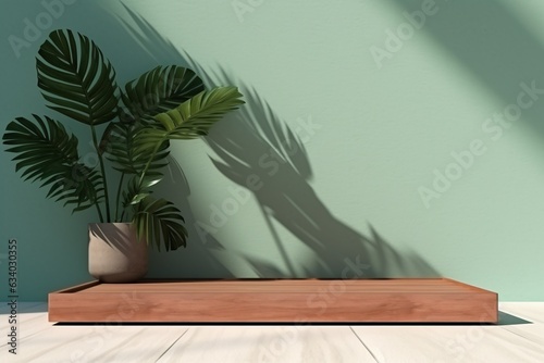 AI Generated Photo Minimal wood stage for show product on cement floor and sunlight plant shadow on mint background 3d render © haallArt