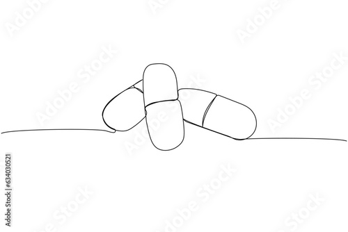 Pill, tablet, drug, pharmacy, capsule, antibiotic, aspirin, herbal, medicine one line art. Continuous line drawing of treatment, medication, medical, pharmacy, therapy, allergy