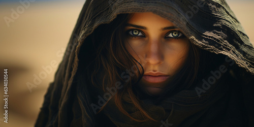 portrait of a beautiful woman covered in a oriental chador in mysterious mood