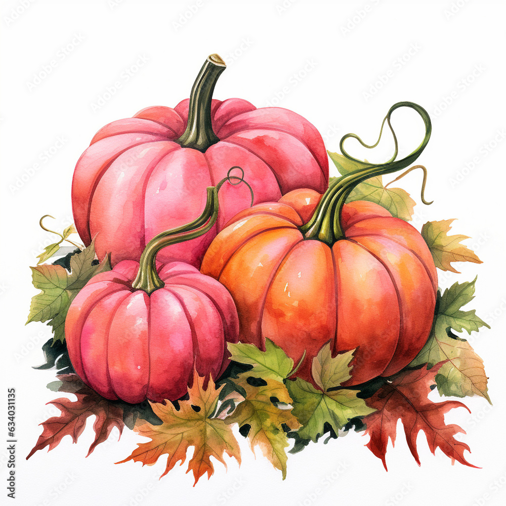 Watercolor drawing on white background on fall theme with pumpkins and leaves. ai