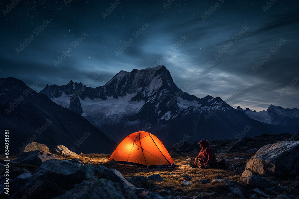 A serene shot of the athlete camping under a starlit mountain sky, finding solace and connection in the wilderness 