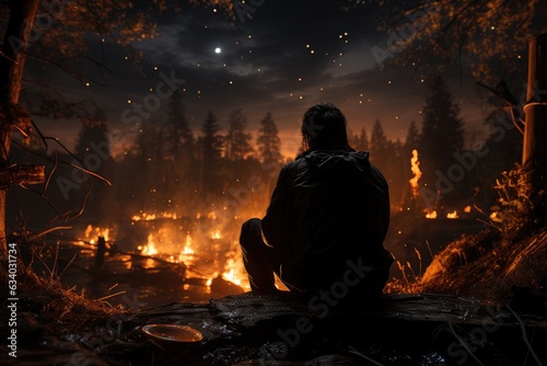 Starry Hearth: A Shadowed Figure Tends to the Campfire, Gazing at the Sky's Splendor as Sparks Ascend Generative AI