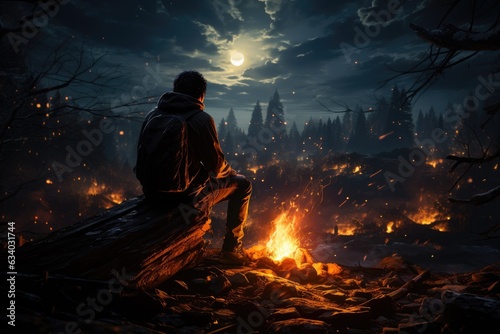 Ephemeral Constellations: The Enchanting Silhouette of an Individual Caring for a Campfire Beneath a Starry Night, Emphasizing Ignited Sparks Generative AI