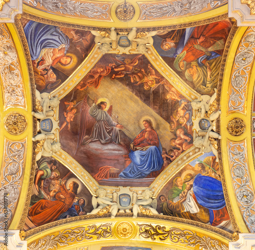 GENOVA, ITALY - MARCH 6, 2023: The fresco of Annunciation and New Testament scenes in the church Chiesa di Nostra Signora della Consolazione a San Vincenzo  by Giovanni Quinzio from 19. cent. photo