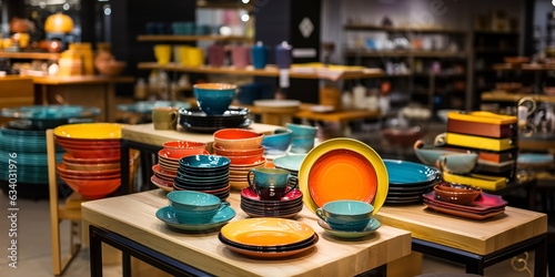 colored ceramic hand factory tableware on the counter in the store © Aleksandr