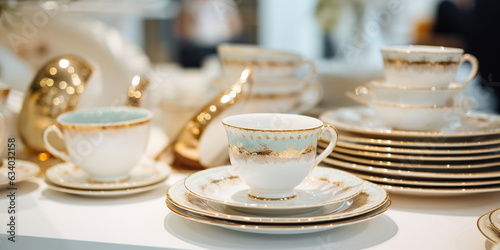  porcelain ceramic pastel colors with gold white cream blue hand-made colored ceramic tableware on the counter in the store