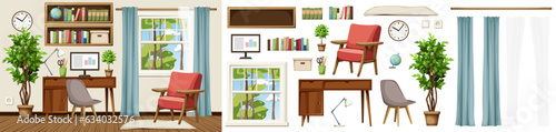 Room interior with a desk, an armchair, bookshelves, a window, and a big ficus tree. Retro interior design. Furniture set. Interior constructor. Cartoon vector illustration