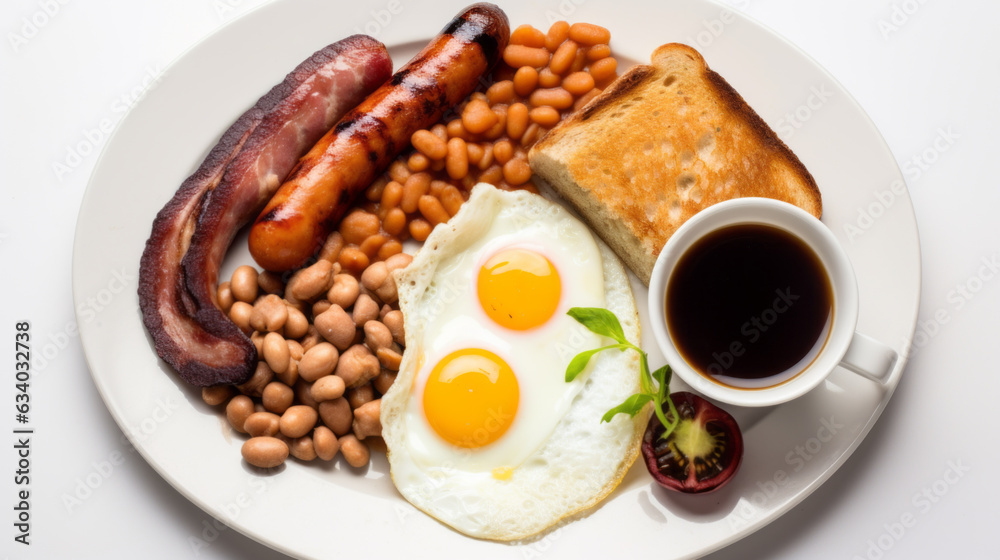 Traditional full English breakfast with fried eggs, sausages, beans, mushrooms, grilled tomatoes and bacon on white plate Traditional full English breakfast with fried eggs, sausages, beans, mushrooms, grilled tomatoes and bacon on white plate