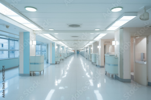 Bright lights at modern empty hospital corridor