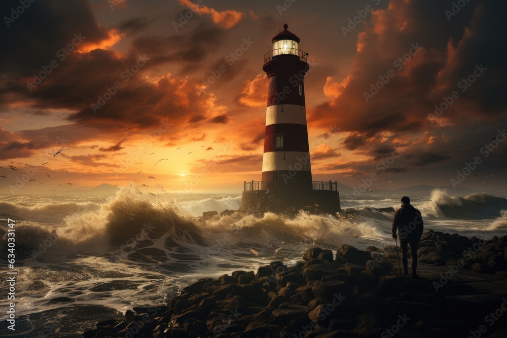 Lighthouse Guardian by the Tempestuous Sea: Silhouetted Figure Amidst Crashing Waves on a Rocky Shore, Gazing Outward Generative AI