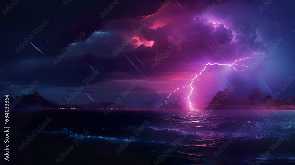 Landscape of sunset on the sea. Storm, rain and lightning. Generated AI