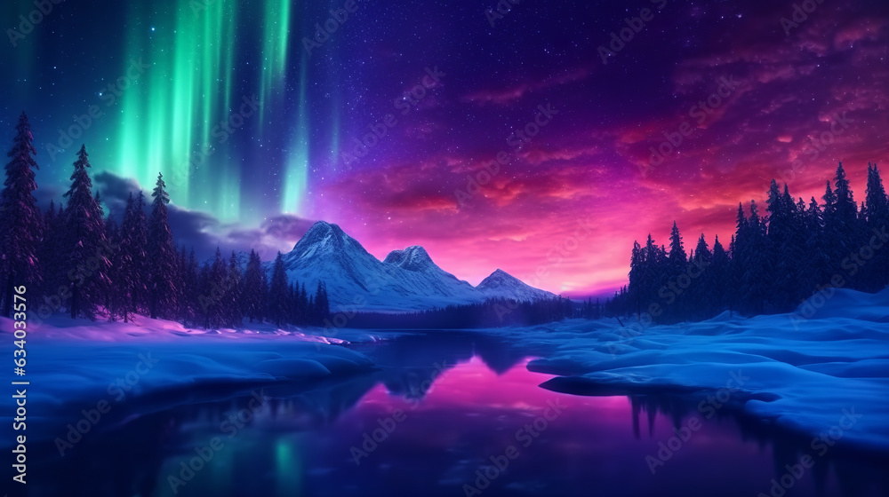 Winter landscape, northern lights, reflection on the water, generated by AI