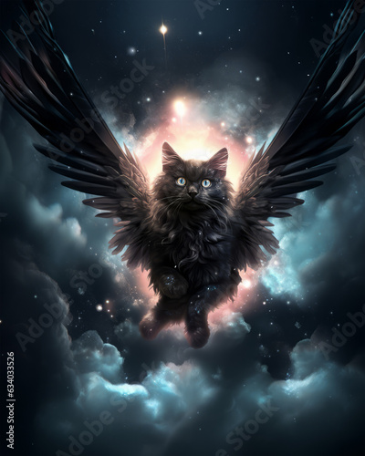 Cute Black Cat with Feather Wings Flying through the Clouds on a Starry Night