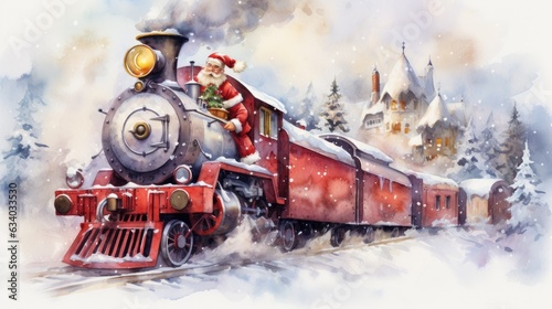 Santa's Christmas train in winter , watercolour background